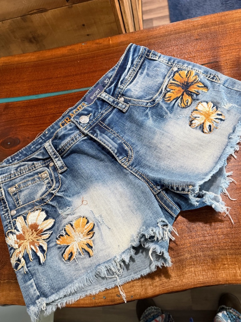 Grace in LA Light Blue Denim Shorts with Orange Floral Embroidery